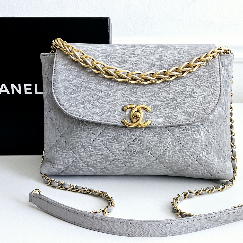 Chanel Gray Caviar Leather Top Handle Two-way Flap Bag